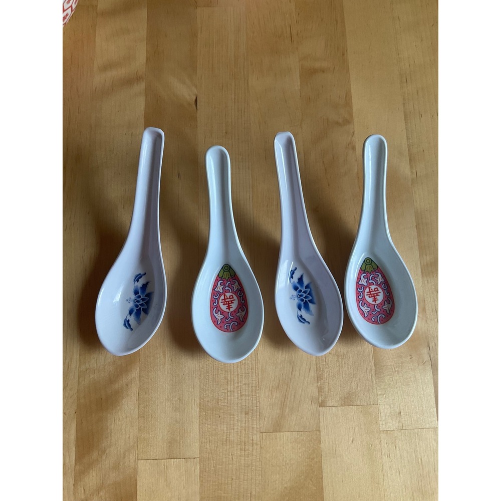 Vintage Melamine Chinese Soup Spoons Set of 4 Blue Lotus & Longevity Floral